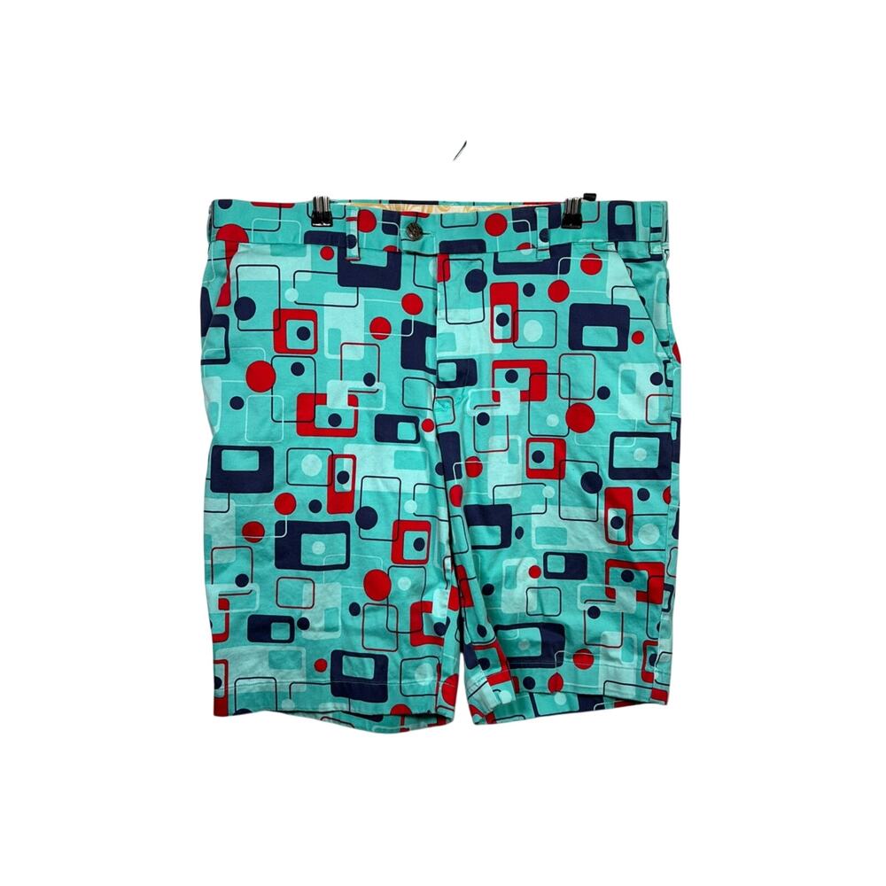 Loudmouth Golf Shorts Mens 38 Light Blue Geometric Retro Mod Flat Front Cotton